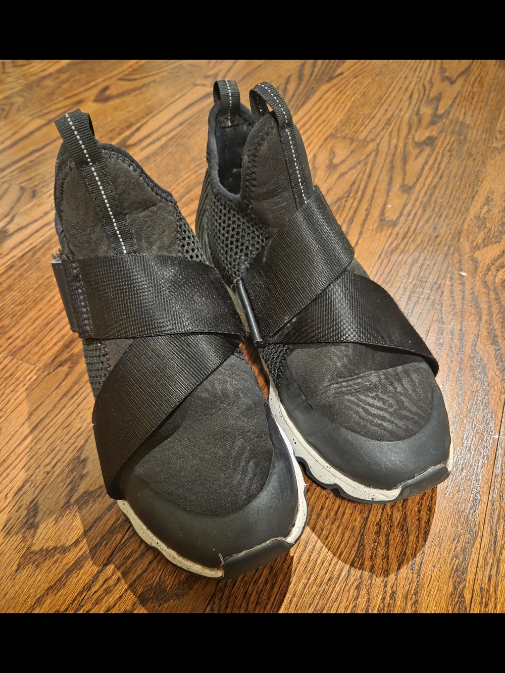 Sorel Black Slip-On Ankle Booties with Elastic Cross Straps